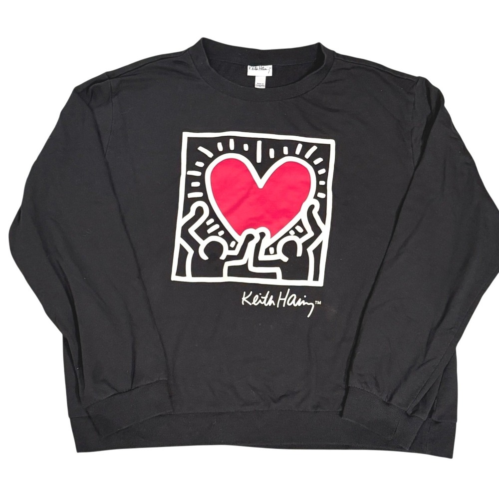 Keith Haring Heart Graphic Graffiti Sweatshirt Men XL Pop Art Crew Neck Pullover